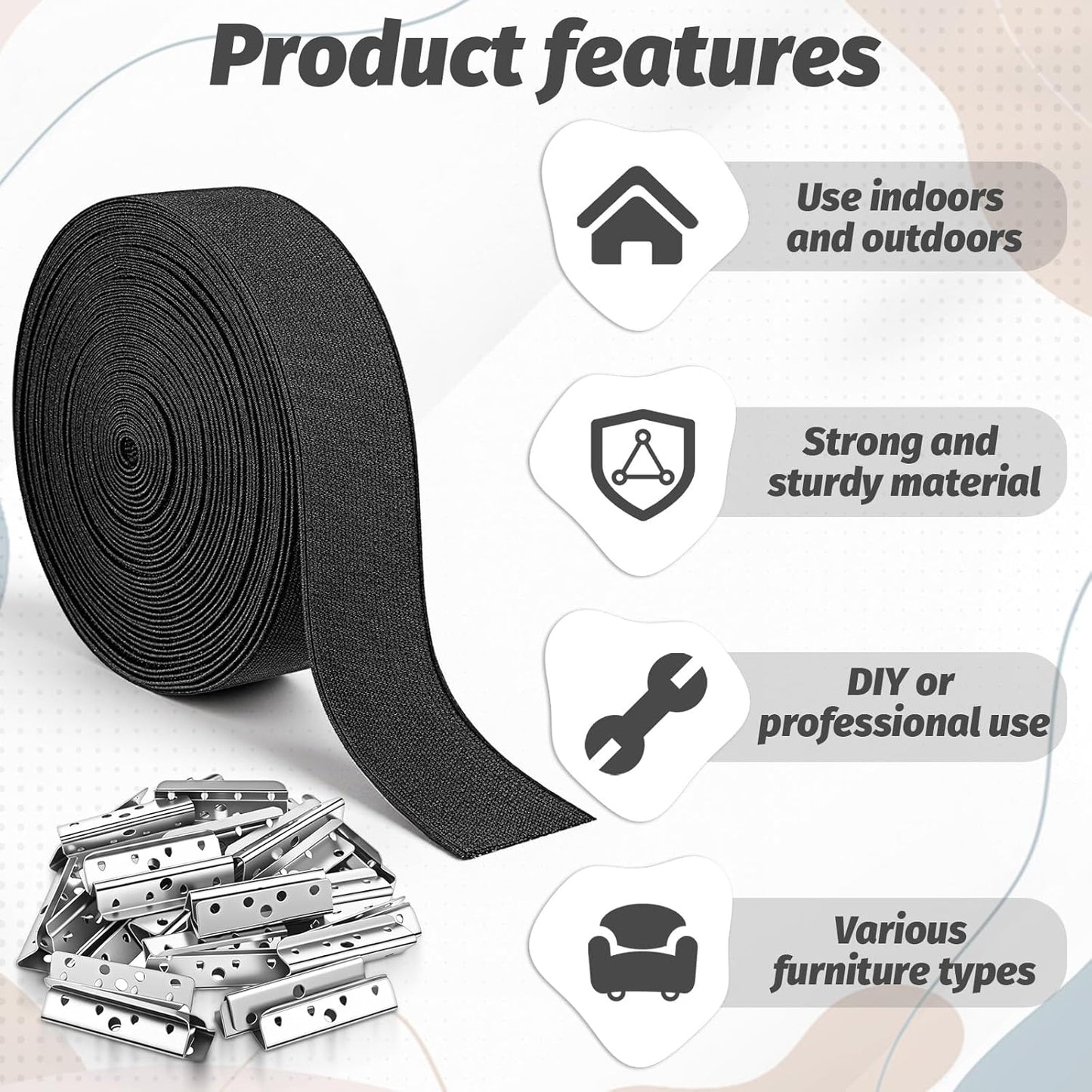 2 Inch Wide x 40 ft Chair Webbing Replacement Kit, Upholstery Webbing Elastic Band with Metal Clips and Mounting Screws to Repair Sagging Couch Chair Patio Furniture Patio (Black)