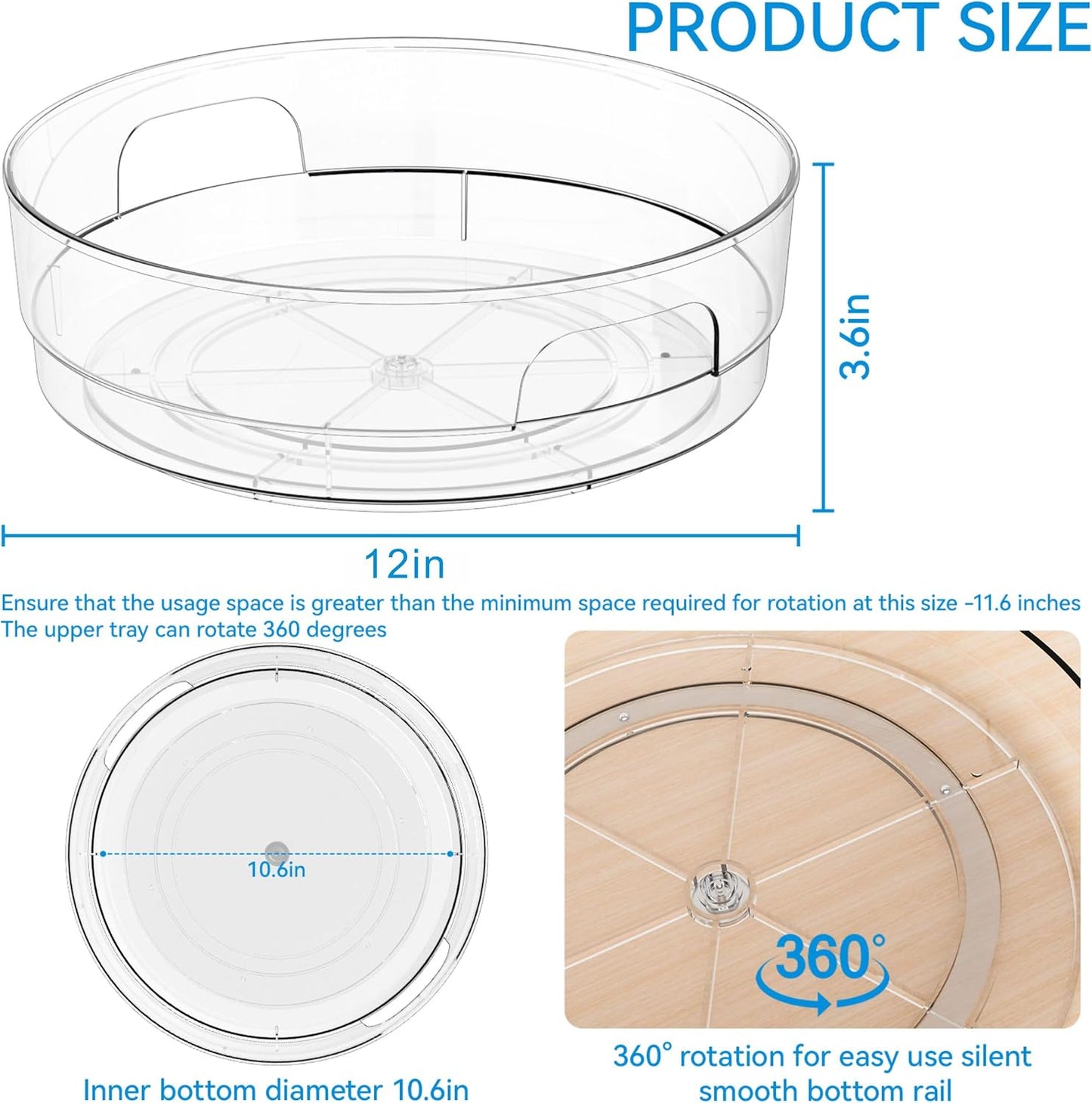 4 Pack 12" W Clear Acrylic Lazy Susan Turntable for Cabinet,Refrigerator,Pantry and Kitchen - with Handle - Large Fridge Sauce Condiment Turn Table Organizer,Spinning Round Spice Rack Carousel