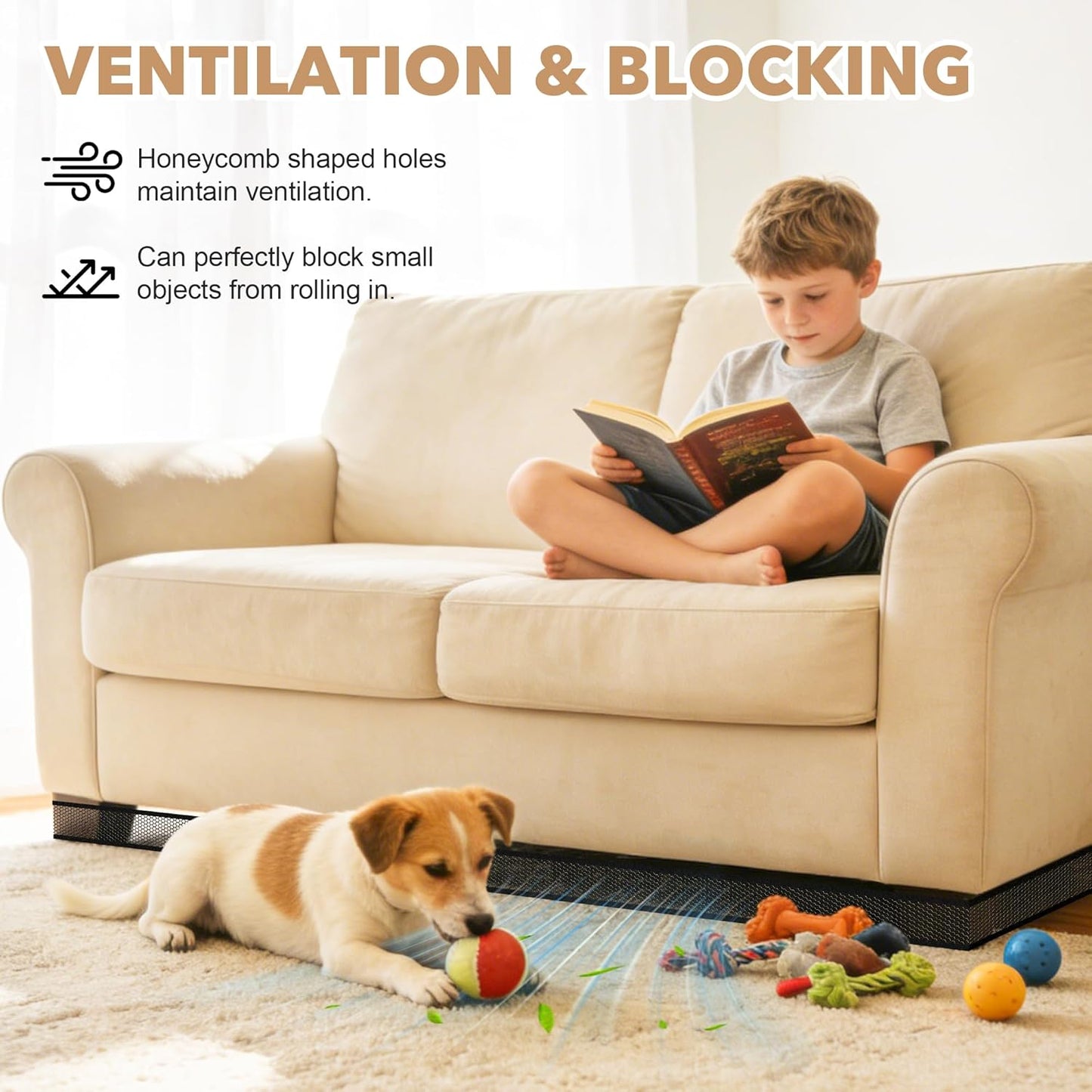 Under Couch Blocker for Toy, sunoyar Under Bed Blocker for Pets Adjustable, Toy Stoppers for Under Furniture & Sofa Plastic Mesh with Zip Ties Gap Guard Stops Lost Toys (L394 x H3)