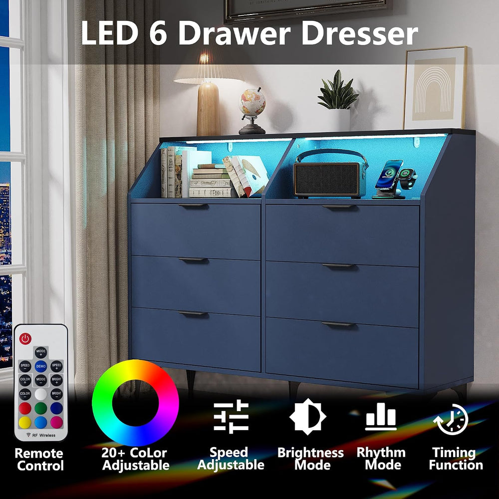 LOUVIXA 6 Drawer Dresser with LED Light, Chest of Drawers with Charging Stati...