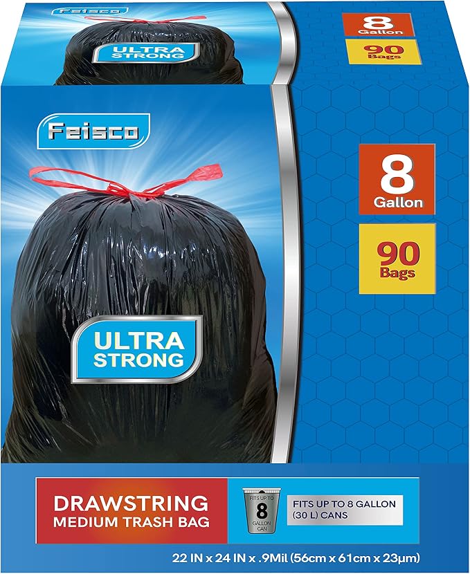 Feisco 8 Gallon Black Trash Bag, 30L Drawstring Garbage Bag Trash Can Liner - Image 2