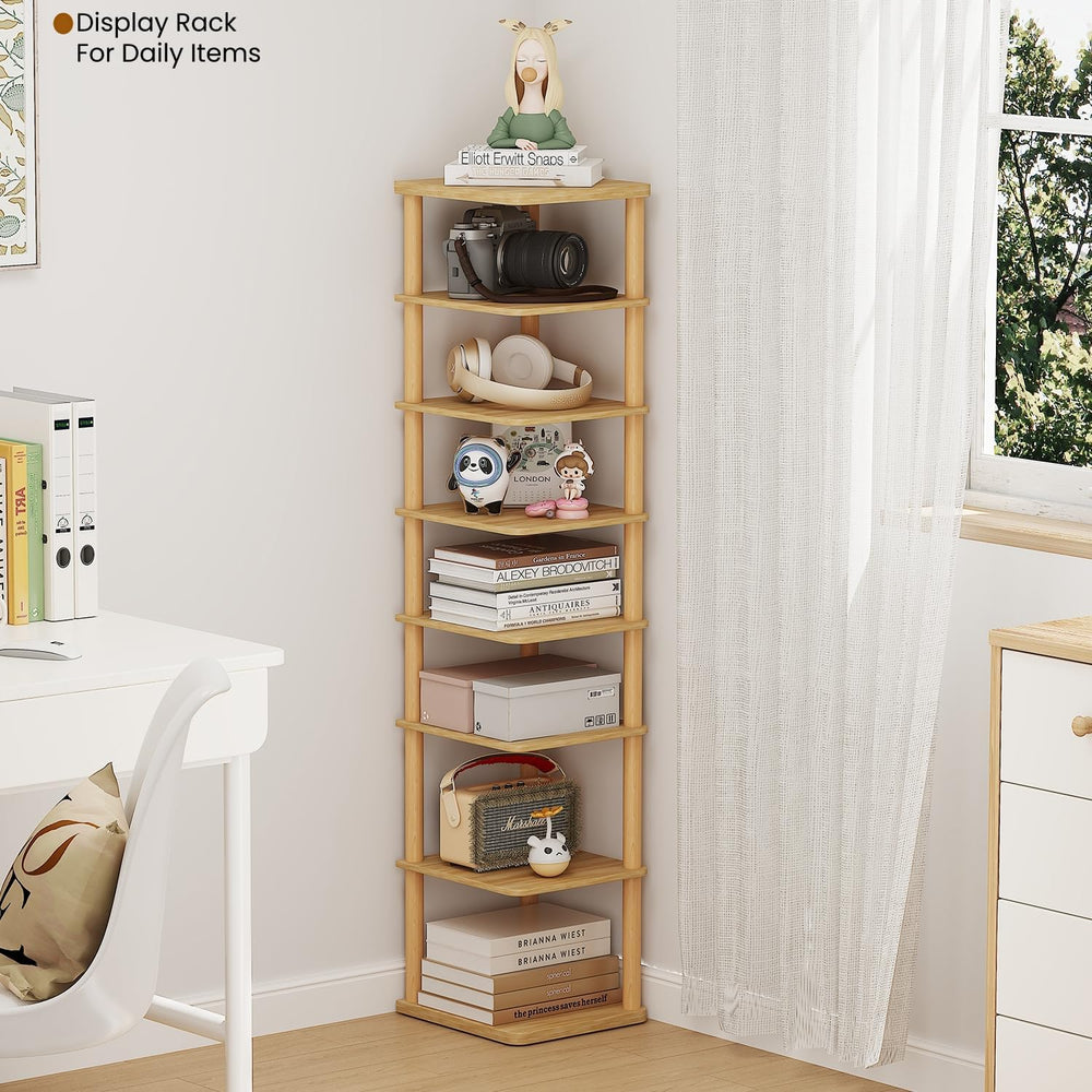 8 Tiers Vertical Shoe Rack Tall Narrow Shoe Tower Corner Shoe Rack, Natural
