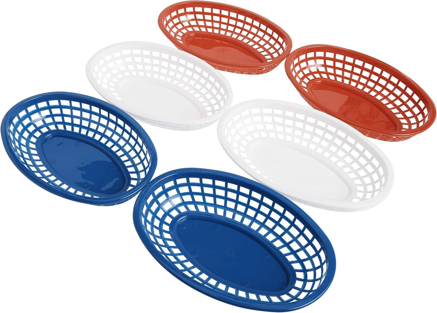 TableCraft BBQ1074RWB 6-Piece Classic Oval Plastic Basket | Chip Holders for Parties | Plastic Food Serving Trays | Small Serving Containers | Bread Trays for Restaurants & Table | Red, White & Blue