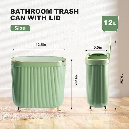 Bathroom Trash Can with Lid 3.2 Gallon Narrow Trash Can Small Plastic Trash Bin - Image 2