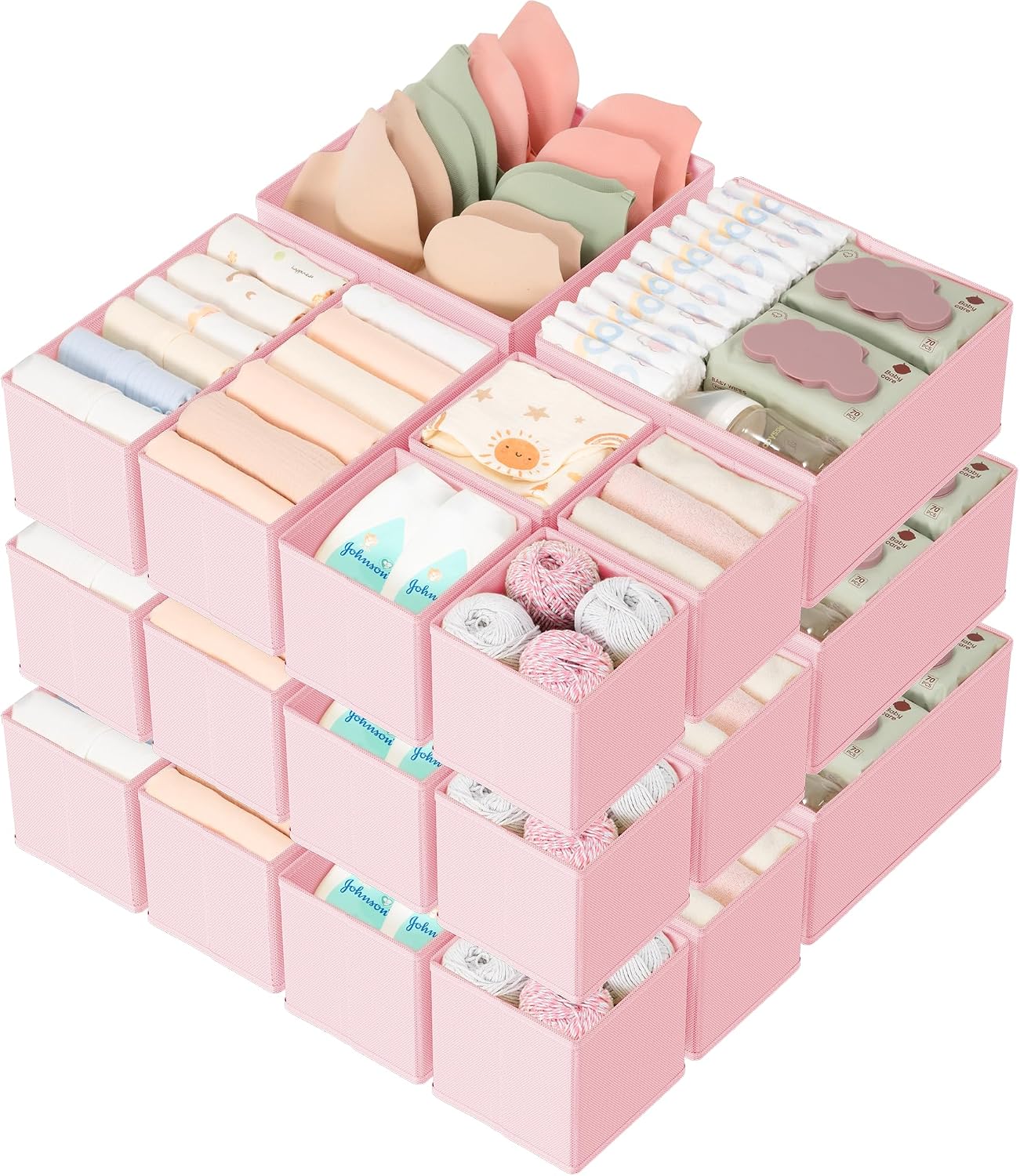 Drawer Organizer 18-Piece Set, Dresser Organizer for Baby Clothes, Foldable Closet Storage & Drawer Dividers for Underwear, Socks, Nursery (Pink)