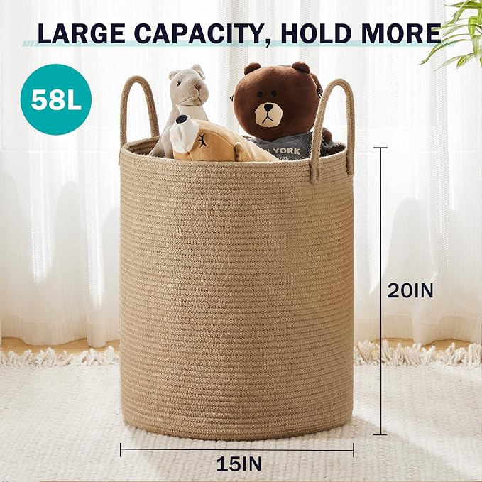 Jute Rope Laundry Hamper Basket by YOUDENOVA, 58L Tall Laundry Basket, Baby - Image 3