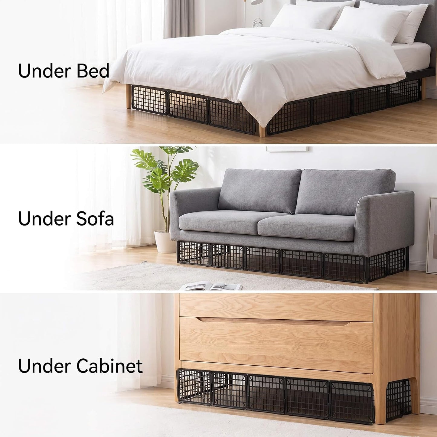 12Pcs Under Couch Blocker for Bed Adjustable Furniture Plastic Under Bed Blocker with 32ft Cut-to-Size Hook & Loop Secured Furniture Feet Ties & 40 Ties, Black Couch Barriers for Dogs Pets Cat