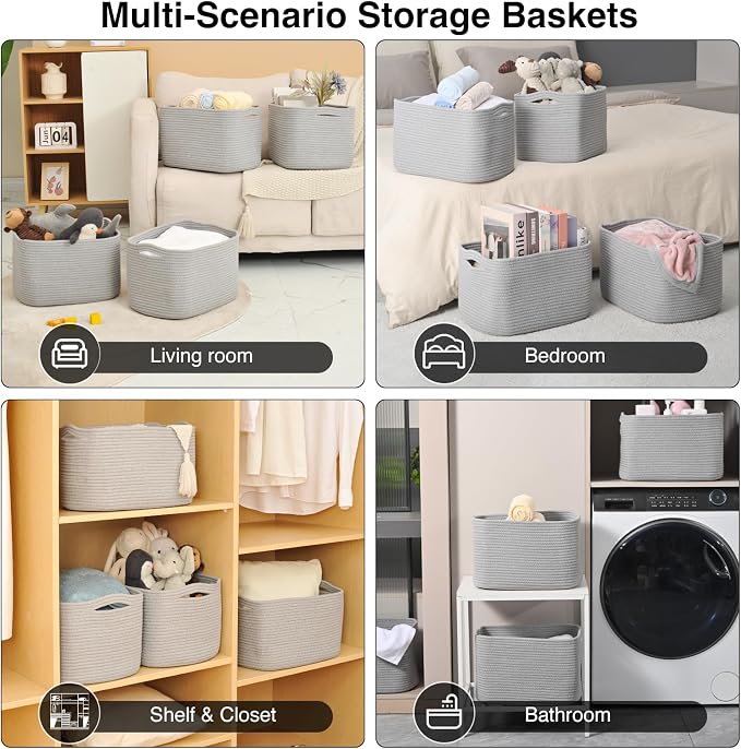 Storage Baskets for Organizing & Shelves, Woven Cotton Rope Organization Bins - Image 5