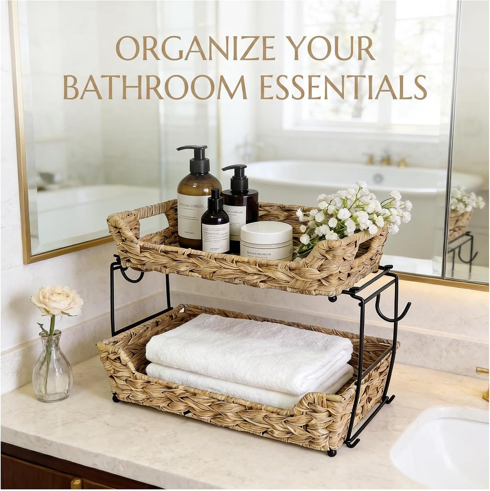 2-Tier Round Faux Rattan Wicker Storage Basket with Metal Frame, Countertop O...