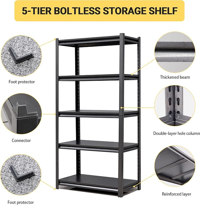 72" H Garage Shelving, Metal Storage Shelves, Adjustable 5 Tier Storage Rack - Image 3