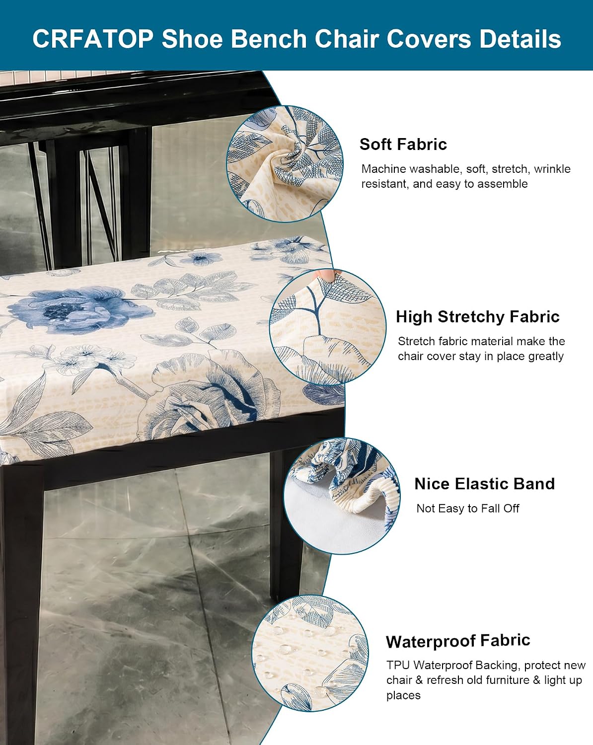 CRFATOP Waterproof Vanity Bench Cover, (15"-19.5") L x (12"- 15.7") W Jacquard Rectangle Saddle Seat Slipcover Stretch Saddle Bar Stool Covers for Kitchen Island Chairs Cushion Protector (XS,11)