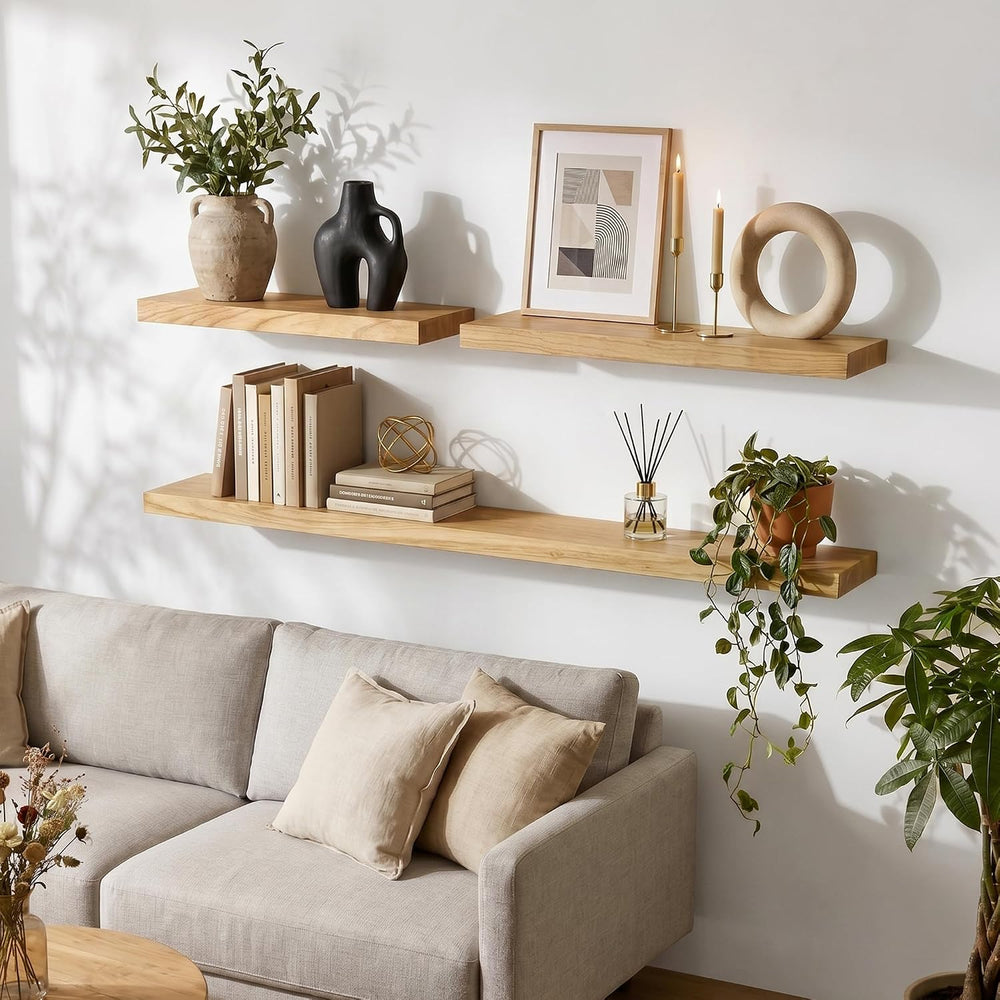 fuqing Natural Wood Floating Shelves, 24'' Wood Shelves for Wall Set ...