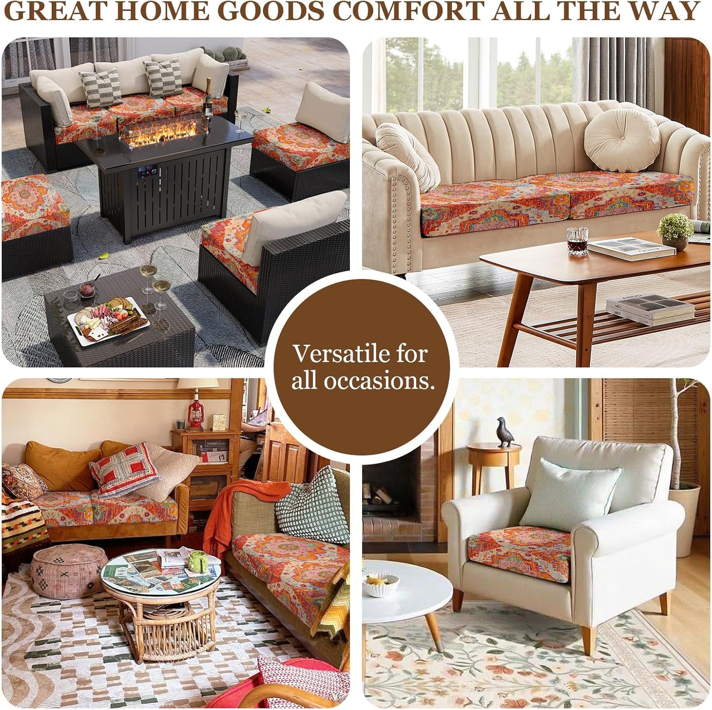 Boho Printed Couch Cushion Covers, Waterproof Stretch Outdoor Cushion Covers, Patio Sofa Covers with Elastic Bottom-3 Pieces, Orange