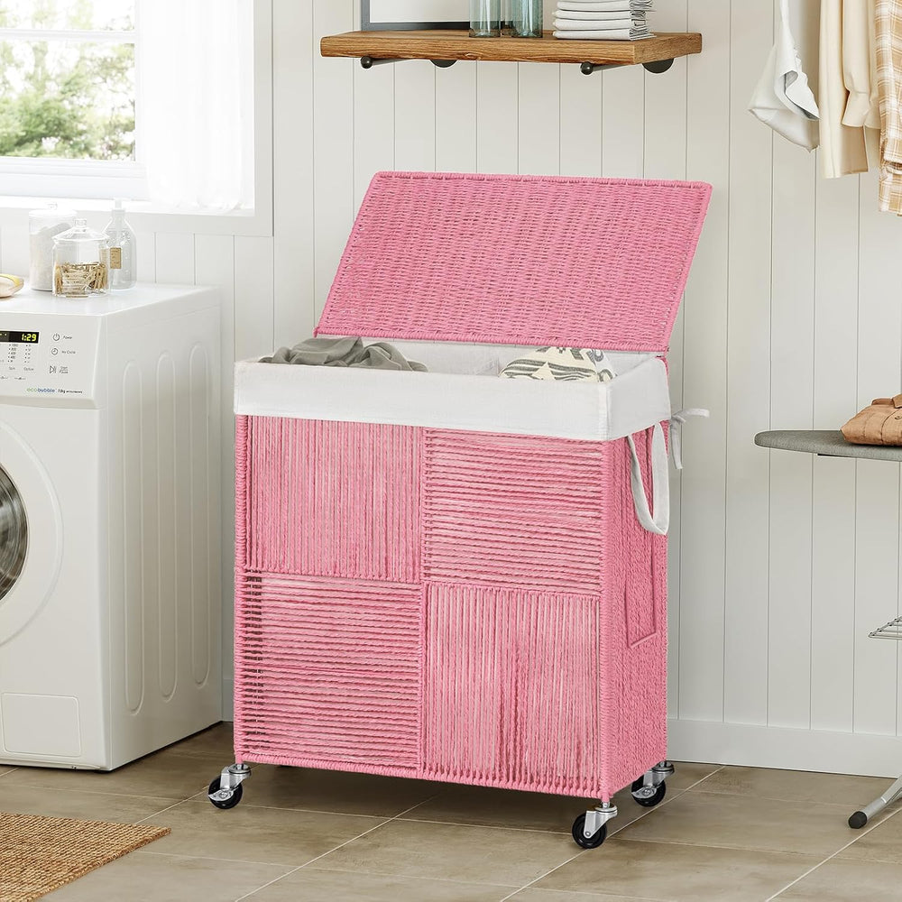 WOWLIVE Double Laundry Hamper with Wheels, Handwoven Rolling Laundry Basket
