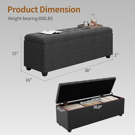 Ottoman with Storage 38 inches, Furniture End of Bed Storage Benches, Long - Image 2