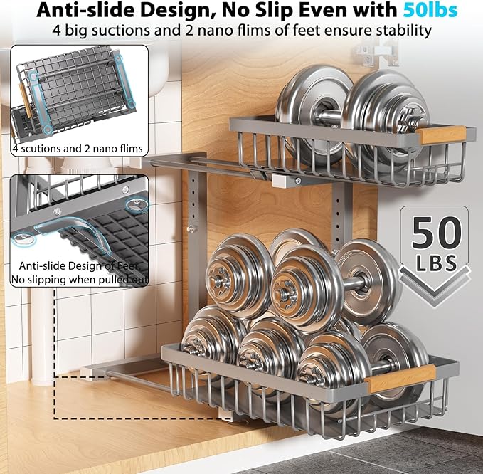 Under Sink Organizer Storage 2 Pack, 2 Tier Slide Out Height Adjustable Pull - Image 3