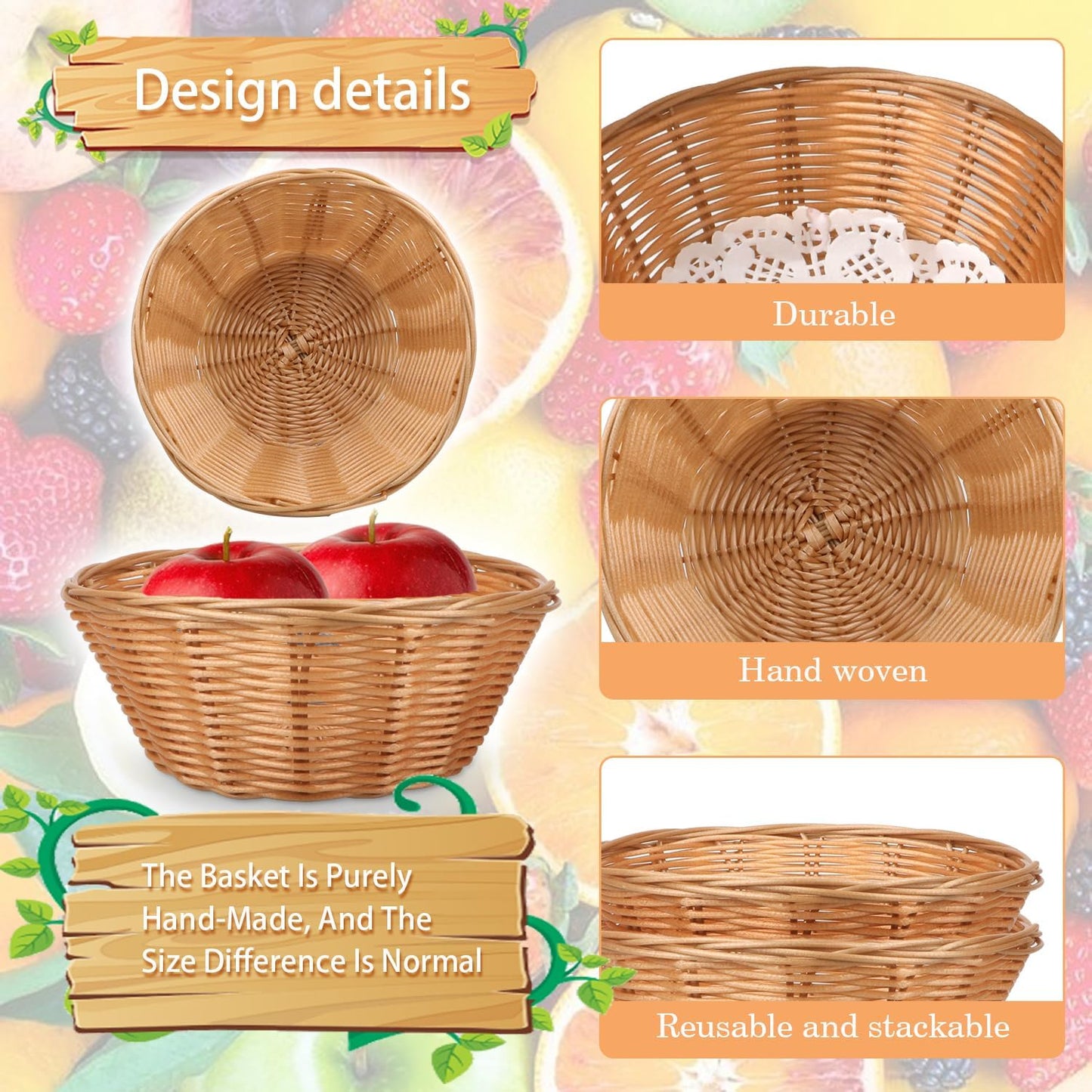 12 Pcs Round Small Plastic Bread Basket, Wicker Basket for Serving 7x7x3 Inch Woven Food Storage Basket, Fruit Basket, Gift Basket (Comes with Food Blotting Sheets) Brown
