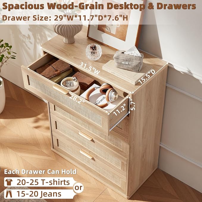 LEYAOYAO Rattan Dresser for Bedroom Set 2, Modern 5 Drawers Boho Dressers - Image 5