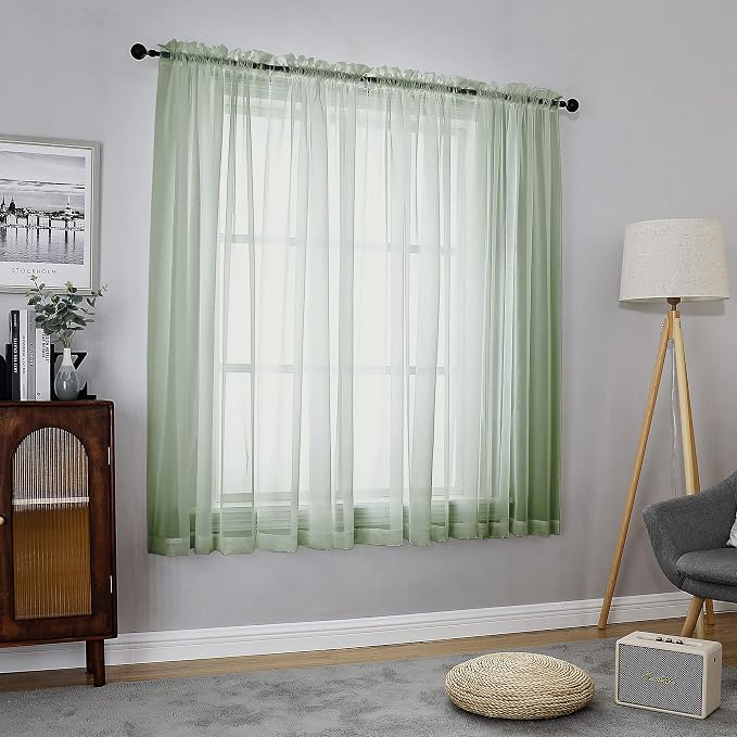 Chyhomenyc Sage Green Sheer Curtains 54 Inch Long 2 Panels Set, Short Rod - Image 2