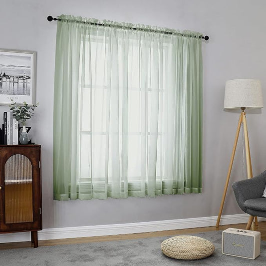 Chyhomenyc Sage Green Sheer Curtains 54 Inch Long 2 Panels Set, Short Rod - Image 2
