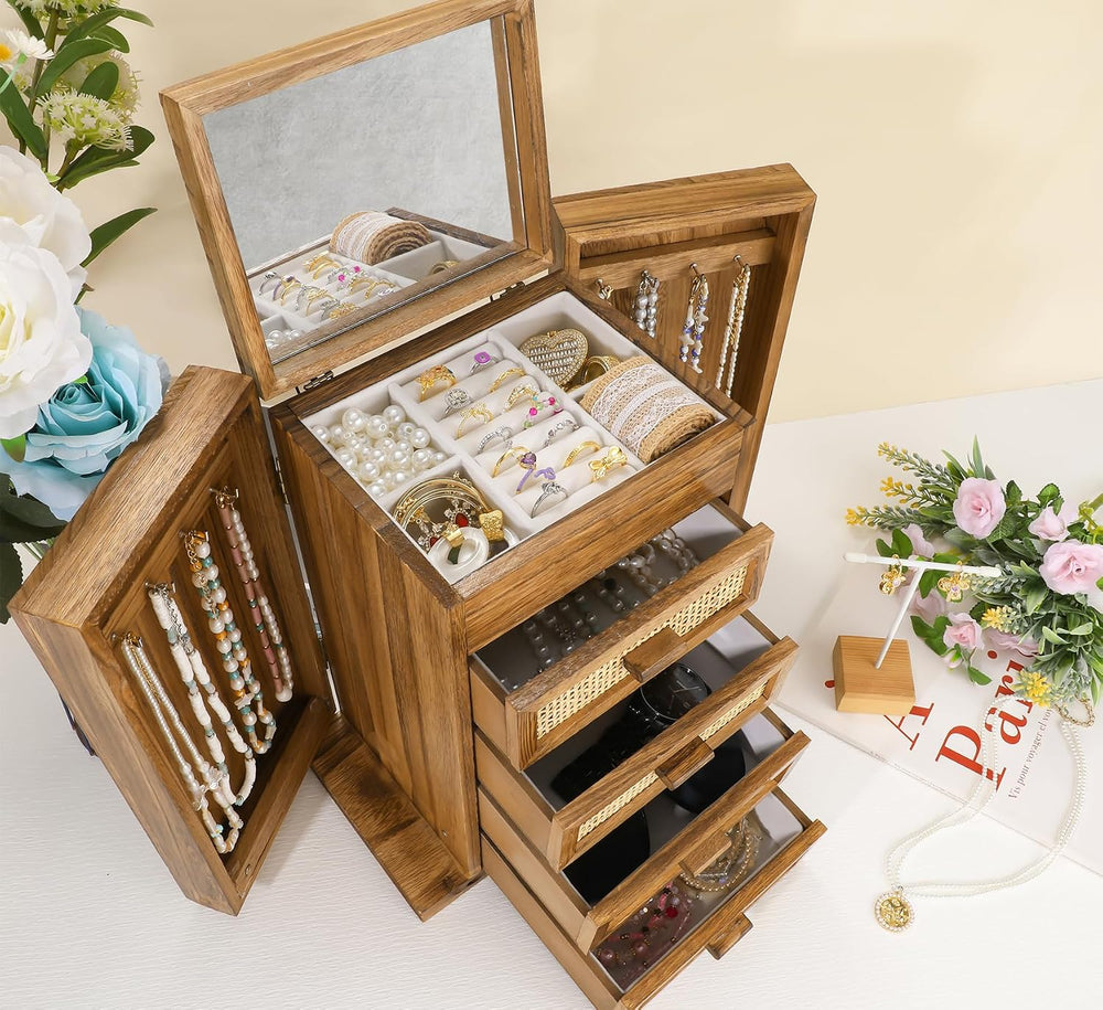 Jewelry Organizer, Rattan Jewelry Box, 5 Layer Wooden Jewelry Organizer Box w...