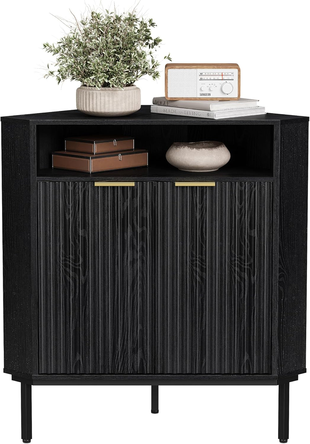 Fluted Corner Cabinet with Storage, Modern Floor Cabinets with Adjustable She...