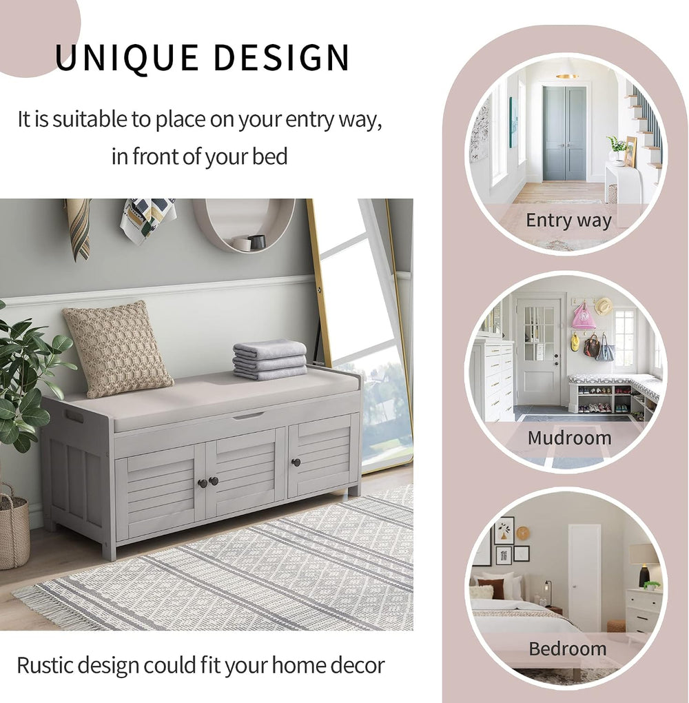 P PURLOVE Wood Storage Bench with 3 Shutter Doors, Shoe Bench with Removable ...