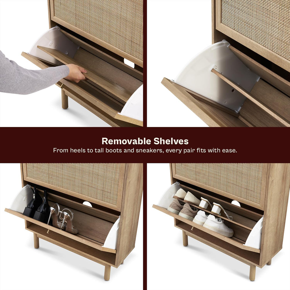 mopio Hannah Shoe Cabinet, Natural Rattan Farmhouse Shoe Storage Organizer, 3...