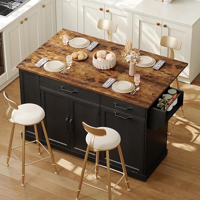 Kitchen Island with Power Outlet & Drop Leaf, Rolling Storage Cart with Trash - Image 3