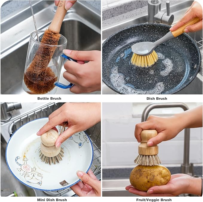 Natural Bamboo Dish Brush Bottle Scrub Brush 4-Piece Set, - Image 4
