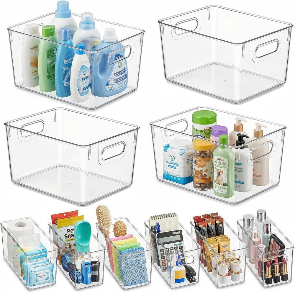 MOONEDGE 10 Pack Clear Plastic Storage Organizer Bins, 4 Large & 6 Narrow
