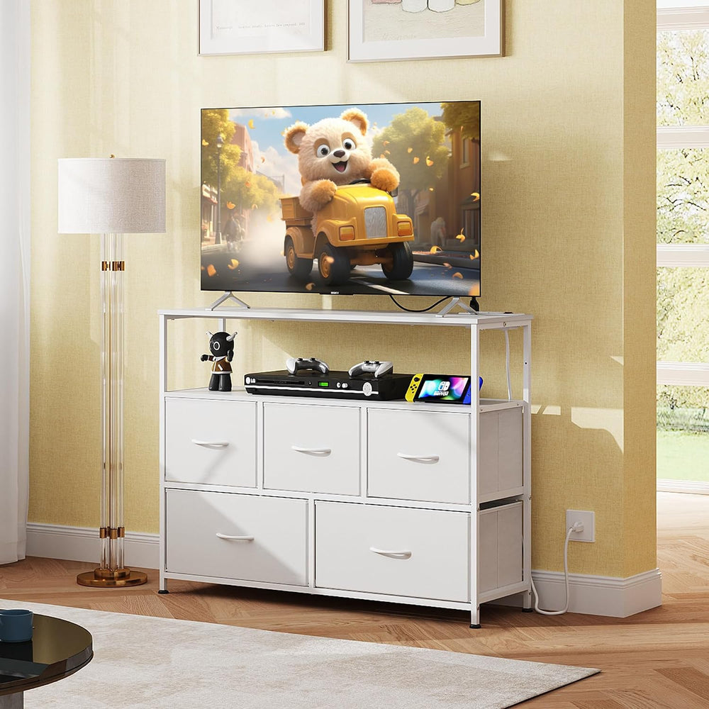 WLIVE White Dresser for Bedroom with 5 Drawers，Fabric Dresser with Charging S...
