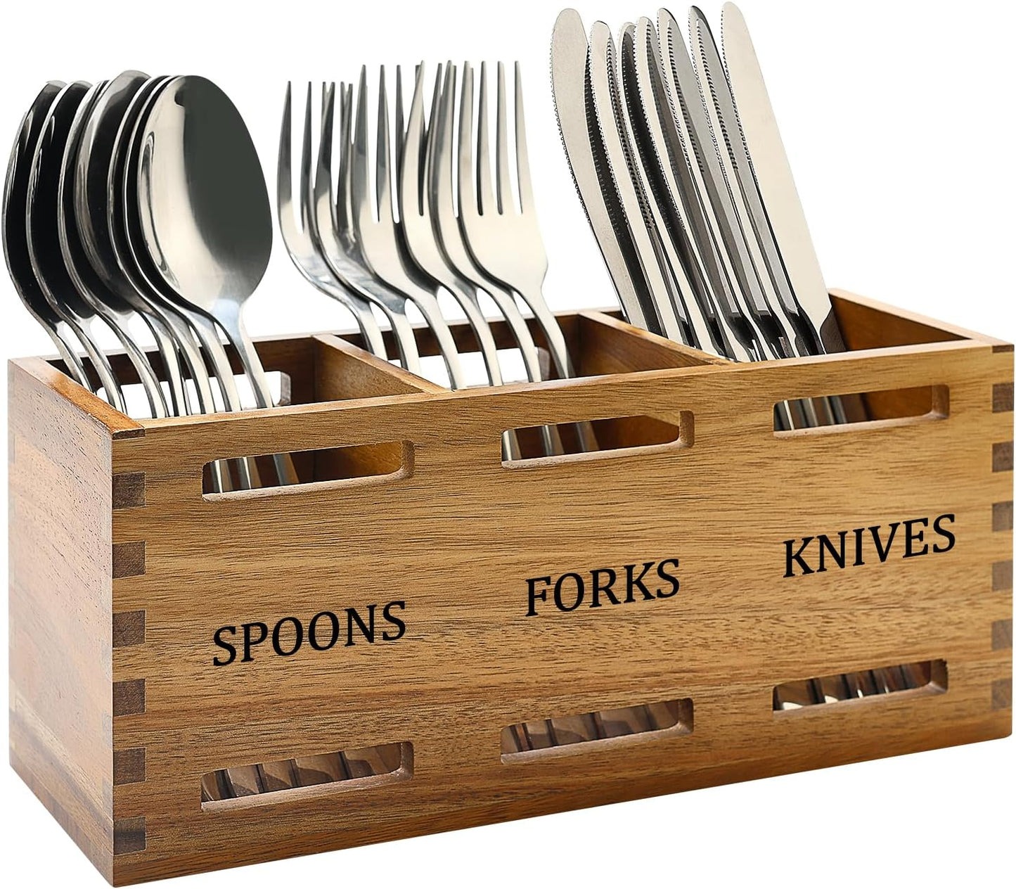 Flatware Silverware Caddy Party Acacia Wood Cutlery Utensil Holder Counter | Small Wooden Cutlery Silverware Organizer Table Spoon and Fork Holder Picnic Utensil Caddy Farmhouse Kitchen Decor