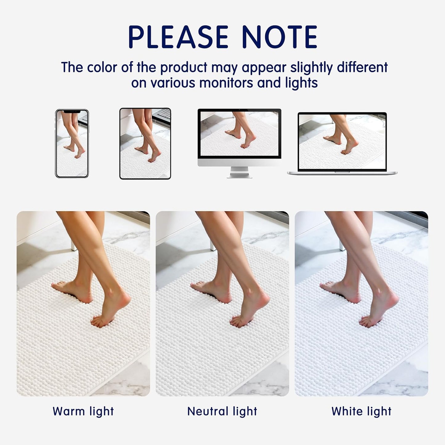 SUBRTEX Bathroom Rugs Chenille Bath Rug Soft Short Plush Bath Mat Soft Shower Mat Water Absorbent Shower Mat Quick Dry Machine Washable(White,18" x 24")