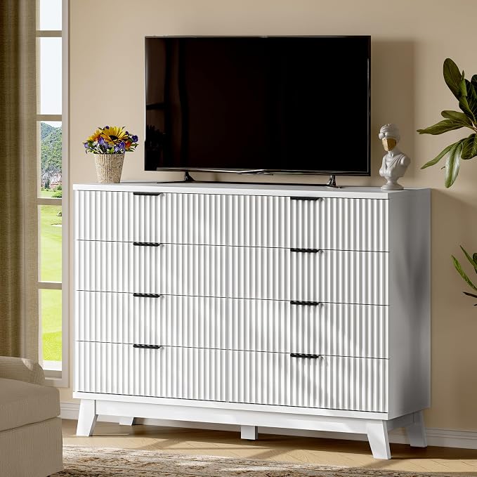 Fluted Dresser with 8 Drawers, Wooden Dresser TV Stand, Wood Closet Clothes - Image 7