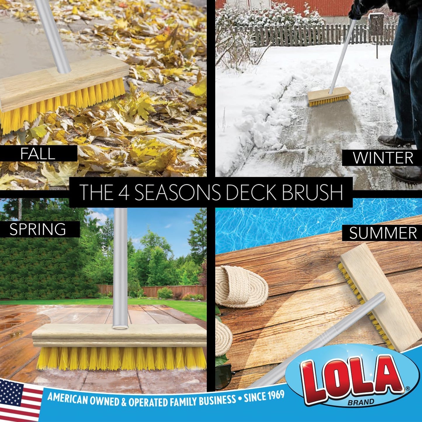 LOLA Deck Scrub Brush Outdoor Broom, Durable Bristles Remove Dirt, Grime, Grout, Leaves, Snow on Patios, Decks, Wet or Dry, 1 Count