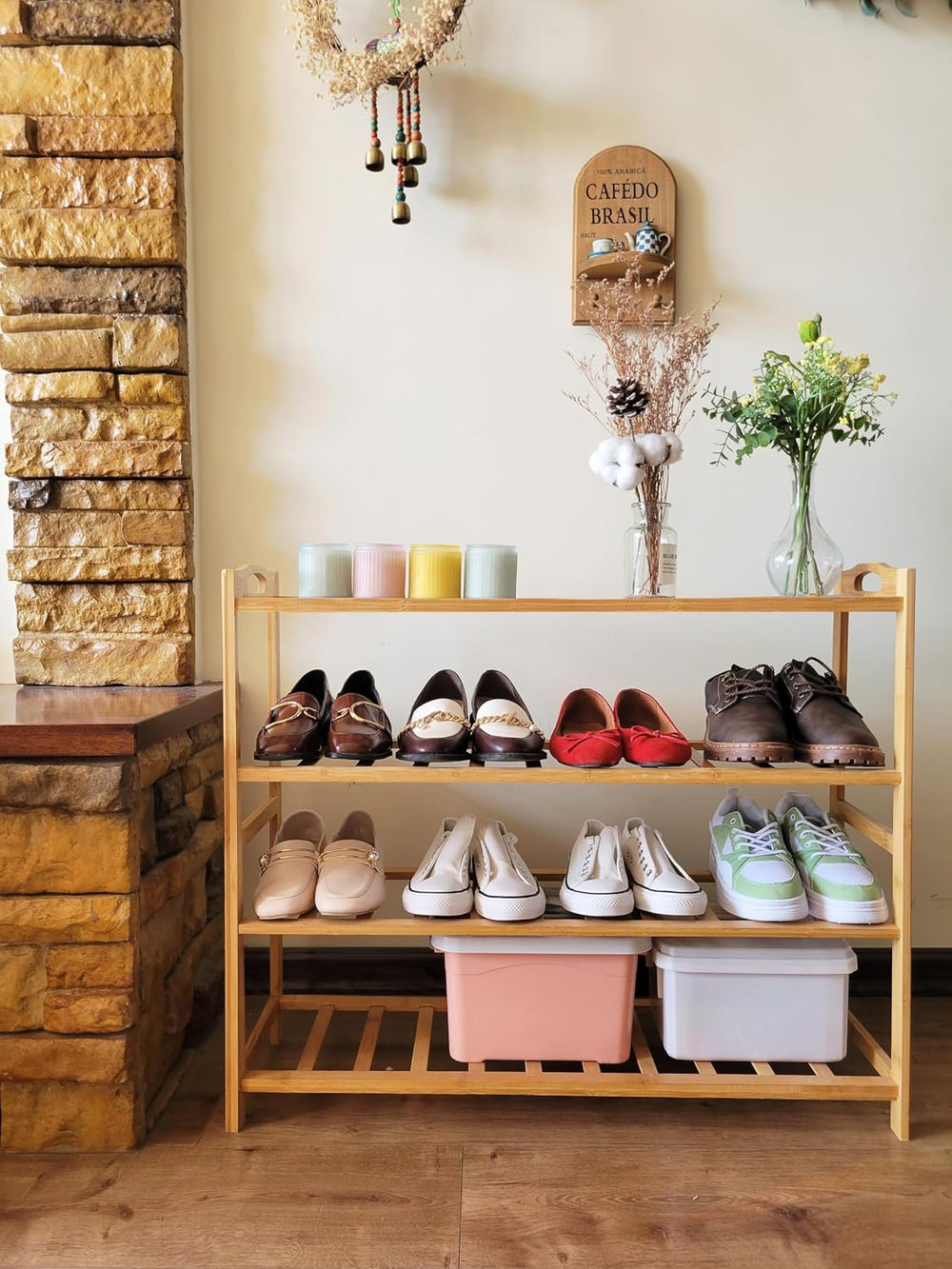 Bamboo Shoe Rack 4 Tier Shoe Organizer for Closet Entryway Shoe Shelf for Hom...