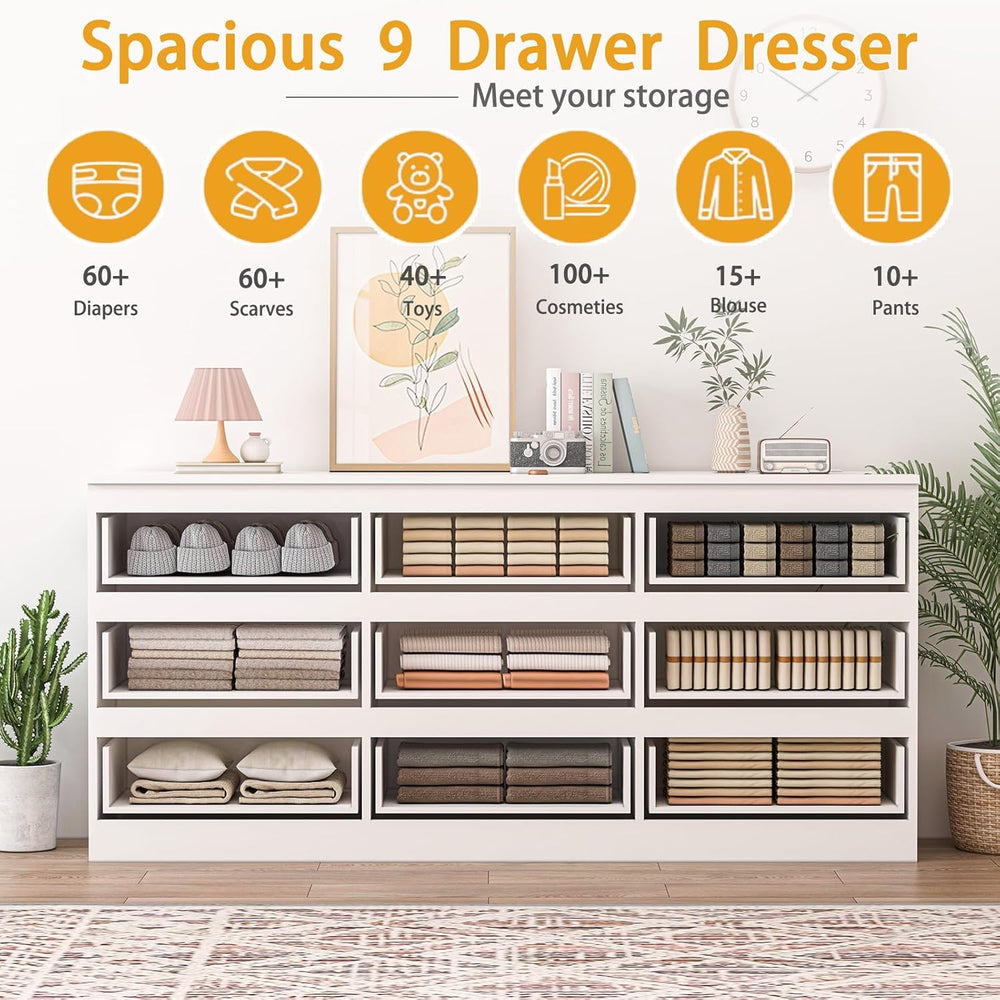 70 INCH 9 Drawers Dresser with Charging Station, Modern Large Dresser with 9 ...