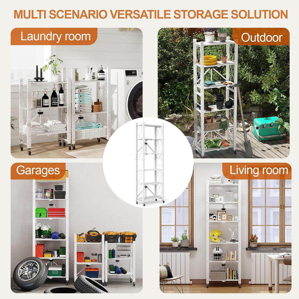 6-Tier Foldable Storage Shelves with Wheels, Folding Metal Shelf Unit