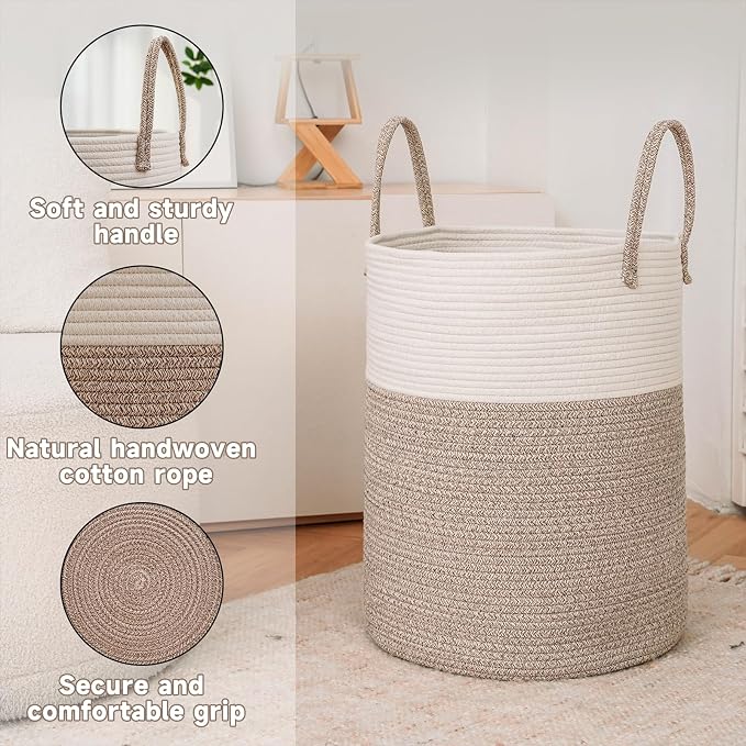 Large Woven Laundry Basket Hamper, 60L Cotton Rope Storage Bin - Image 6