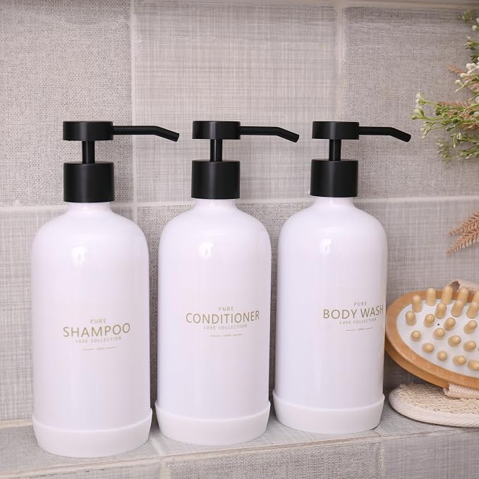 Shampoo and Conditioner Dispenser Set of 3, Refillable 21oz Shampoo Bottles - Image 6
