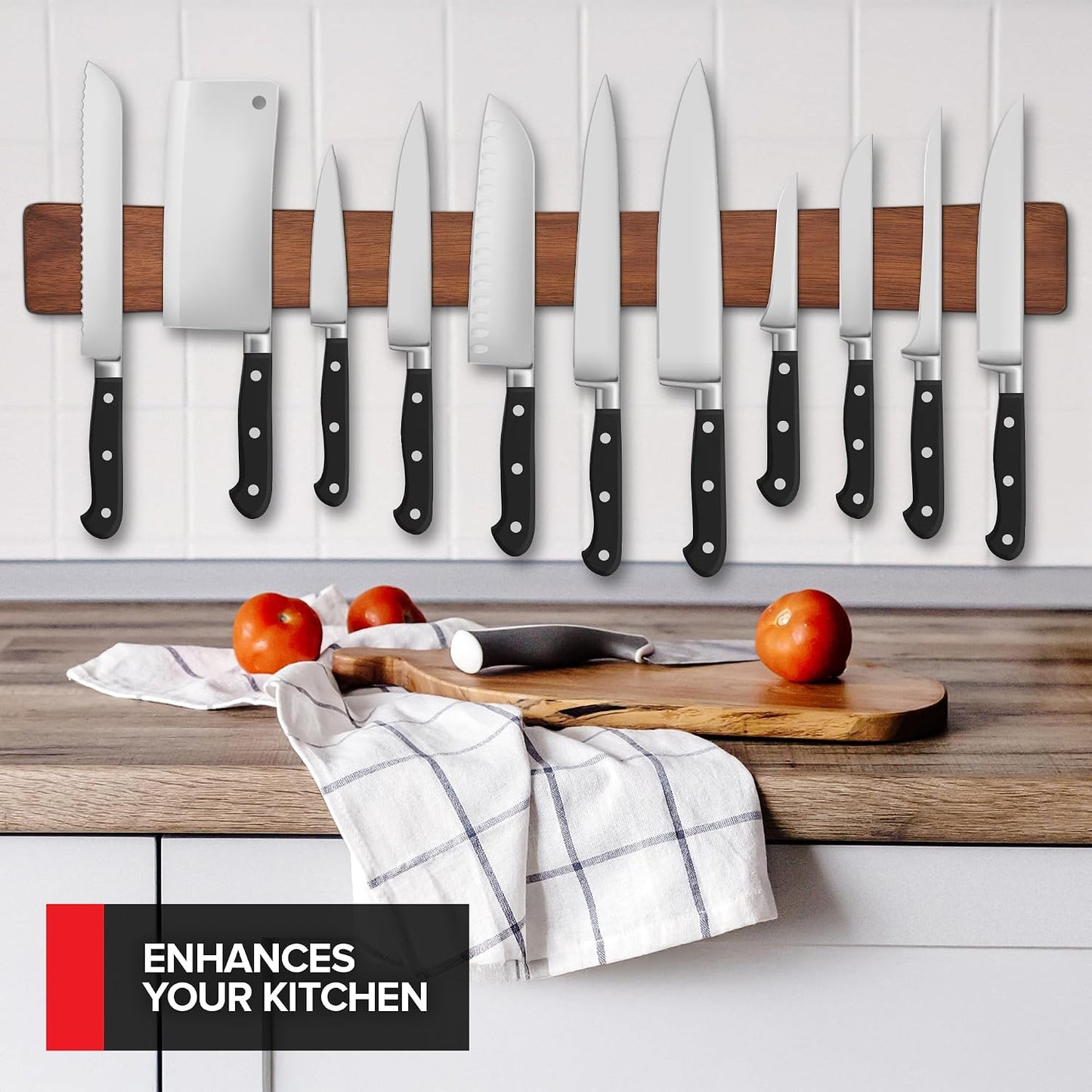 24 Inch Acacia Wood Magnetic Knife Holder with Multipurpose Use, Magnetic Knife Holders for Kitchen, Wooden Knife Rack, Magnet Strips for Knives & Metal Utensils, Tool Holder, Art Supply Organizer