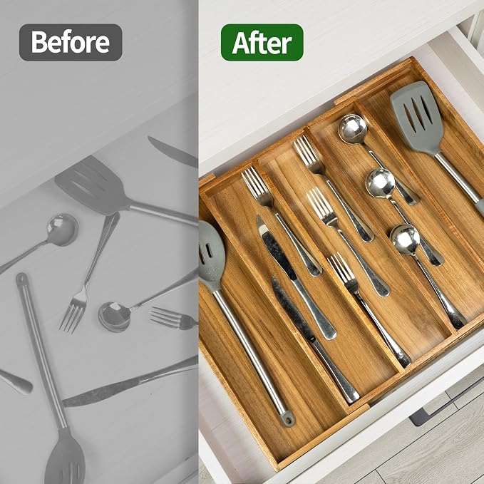 VaeFae Acacia Kitchen Silverware Organizer, Cutlery Drawer Organizer - Image 4