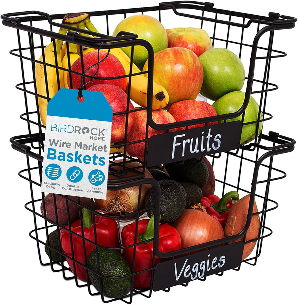 BirdRock Home Stacking Wire Market Baskets with Chalk Label | Set of 2 | Frui...