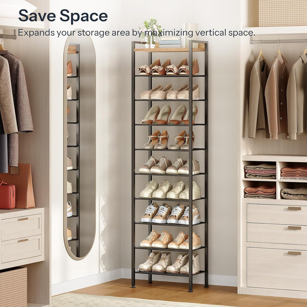 HOOBRO 10 Tier Shoe Rack Organizer with Wooden Top, Narrow Shoe Storage Shelf...