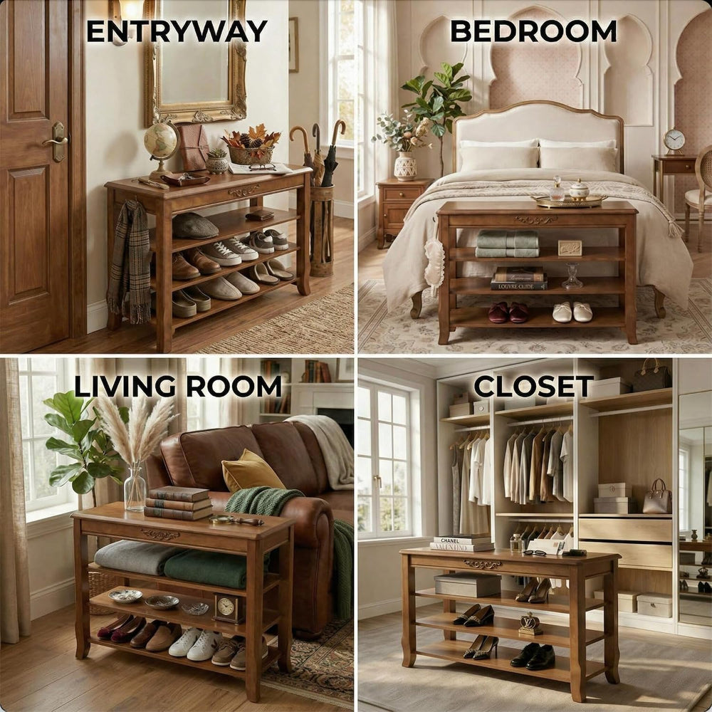 Shoe Rack Bench with Storage 3 Tier Solid Wood Entryway Shoe Rack 31.5"