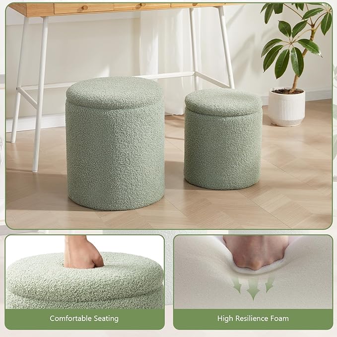 Boucle Round Ottoman with Storage Set of 2, Small Foot Stool Ottoman - Image 5