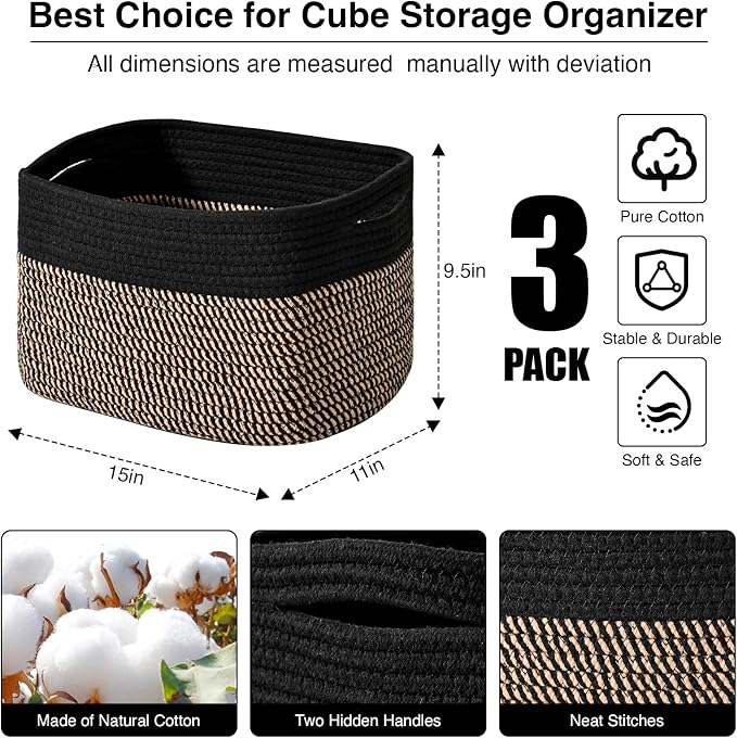 Storage Baskets for Organizing Shelves, Toy Basket for Kid's Room, Woven Cotton - Image 3