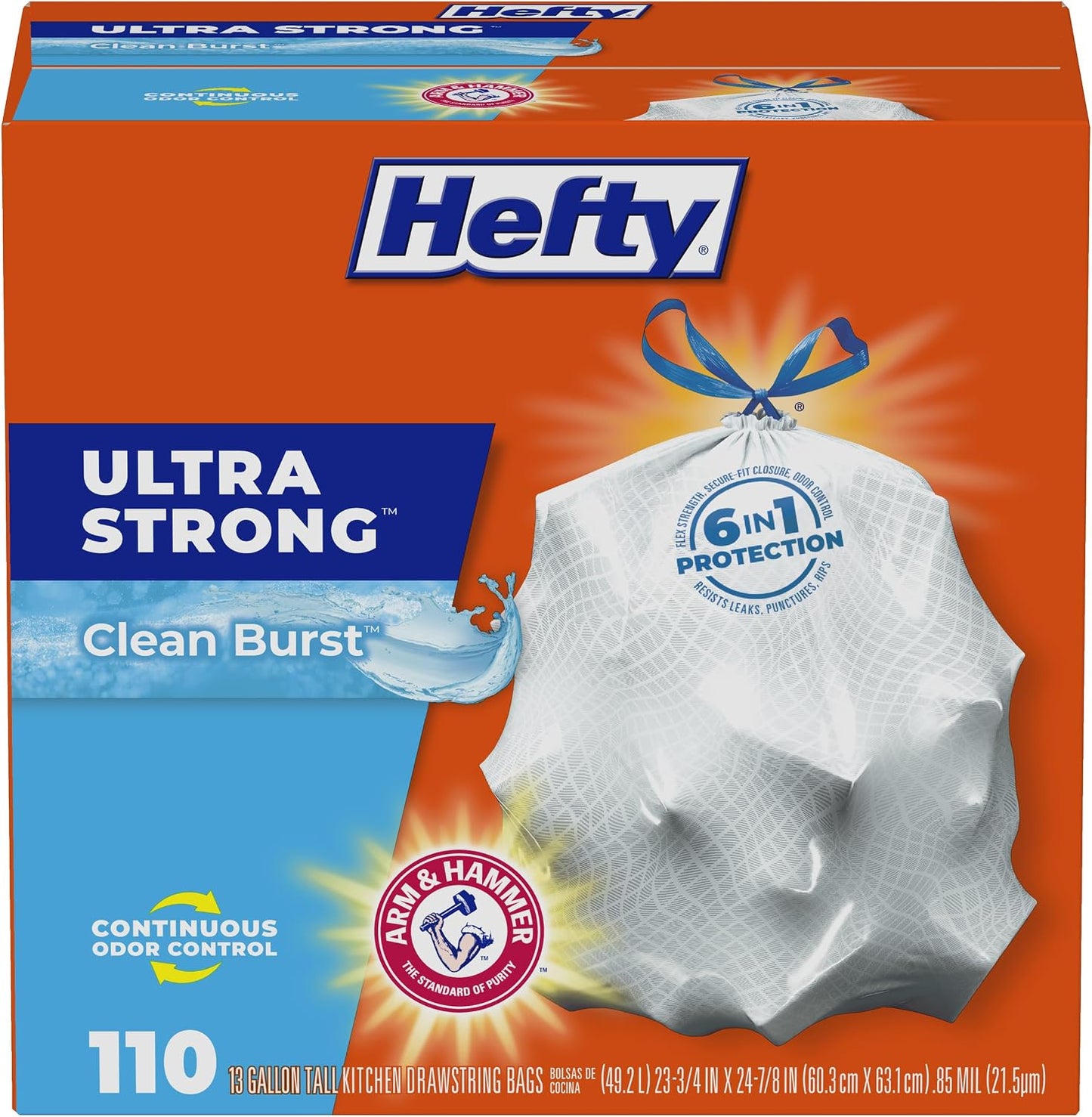 Hefty Ultra Strong 13 Gallon Trash Bags, Tall Kitchen Trash Bags 13 Gallon Size, Drawstring Closure, Continuous Odor Control, White, Clean Burst Scent, 110 Bags