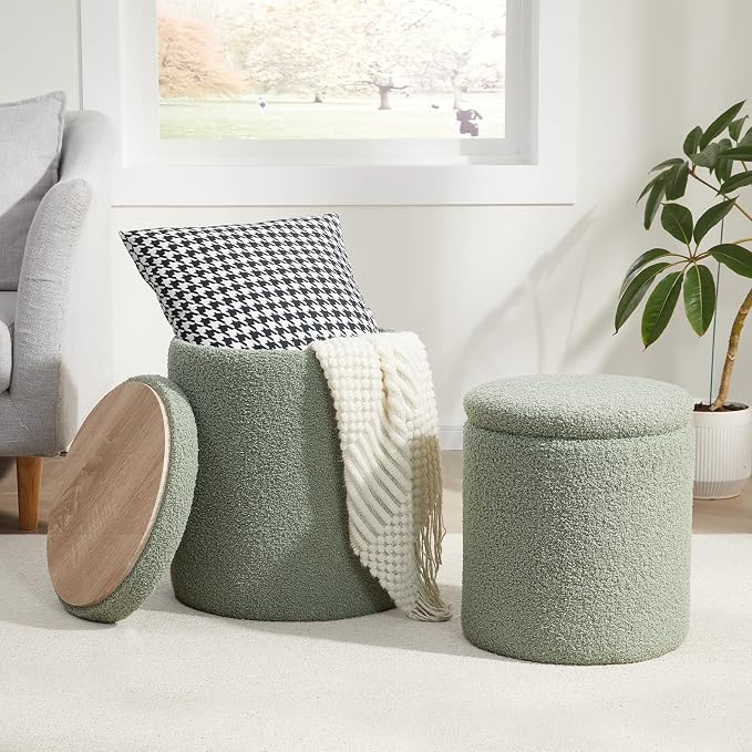 Boucle Round Ottoman with Storage Set of 2, Small Foot Stool Ottoman by RoyalWindsor